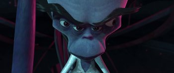Movie still from “Monsters vs. Aliens” (2009), directed by Conrad Vernon – An alien with a strange look on his face; Close Up shot, Low angle
