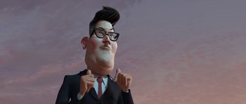 Movie still from “Monsters vs. Aliens” (2009), directed by Conrad Vernon – An animated man in a black suit and red tie; Close Up shot, Low angle