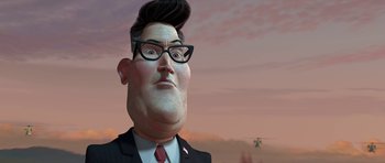 Movie still from “Monsters vs. Aliens” (2009), directed by Conrad Vernon – A man in a suit and tie with glasses; Close Up shot, Low angle