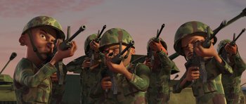 Movie still from “Monsters vs. Aliens” (2009), directed by Conrad Vernon – A group of people in military uniforms holding guns; Medium shot, Low angle