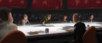 Movie still from “Monsters vs. Aliens” (2009), directed by Conrad Vernon – A group of people sitting at a table with cups; Medium shot, Over the shoulder angle