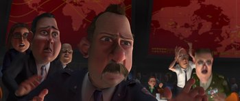 Movie still from “Monsters vs. Aliens” (2009), directed by Conrad Vernon – An animated man with a mustache and a goatee; Close Up shot, Low angle