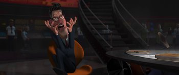 Movie still from “Monsters vs. Aliens” (2009), directed by Conrad Vernon – An animated man in a suit and tie; Medium shot, High angle