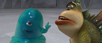 Movie still from “Monsters vs. Aliens” (2009), directed by Conrad Vernon – A blue character and a brown character are facing each other; Close Up shot, High angle