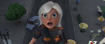 Movie still from “Monsters vs. Aliens” (2009), directed by Conrad Vernon – An animated woman with a surprised look on her face; Close Up shot, Low angle