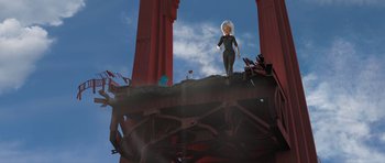 Movie still from “Monsters vs. Aliens” (2009), directed by Conrad Vernon – A woman standing on top of a red bridge; Wide shot, Low angle