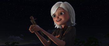 Movie still from “Monsters vs. Aliens” (2009), directed by Conrad Vernon – An animated woman holding a gun in her hand; Medium shot, Low angle