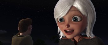 Movie still from “Monsters vs. Aliens” (2009), directed by Conrad Vernon – An animated woman with white hair and blue eyes; Close Up shot, Low angle