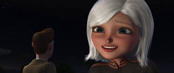 Movie still from “Monsters vs. Aliens” (2009), directed by Conrad Vernon – An animated woman with white hair is looking into the camera; Close Up shot, Over the shoulder angle