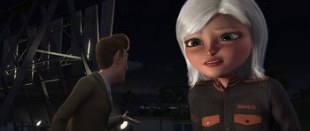 Movie still from “Monsters vs. Aliens” (2009), directed by Conrad Vernon – An animated woman and a man are talking to each other; Close Up shot, Over the shoulder angle