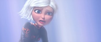 Movie still from “Monsters vs. Aliens” (2009), directed by Conrad Vernon – An animated girl with white hair looking at the camera; Close Up shot, Low angle