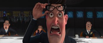 Movie still from “Monsters vs. Aliens” (2009), directed by Conrad Vernon – An animated man with glasses is looking at a woman; Close Up shot, Over the shoulder angle