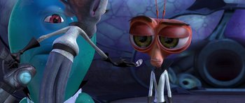 Movie still from “Monsters vs. Aliens” (2009), directed by Conrad Vernon – An image of an animated character and a person; Close Up shot, Over the shoulder angle