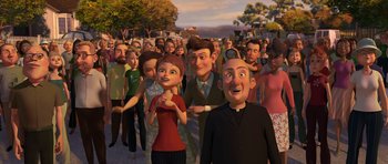 Movie still from “Monsters vs. Aliens” (2009), directed by Conrad Vernon – A group of people that are standing in the grass; Medium shot, High angle