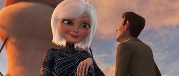 Movie still from “Monsters vs. Aliens” (2009), directed by Conrad Vernon – An animated woman and a man are talking to each other; Close Up shot, Over the shoulder angle