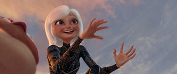Movie still from “Monsters vs. Aliens” (2009), directed by Conrad Vernon – An animated character with white hair and a black outfit; Medium shot, Low angle