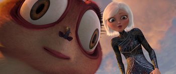 Movie still from “Monsters vs. Aliens” (2009), directed by Conrad Vernon – An animated scene of a woman looking at an animated character; Close Up shot, Low angle