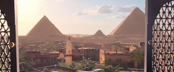 Movie still from “Moon Knight” (2022), directed by Mohamed Diab – A view of the pyramids from the top of a hill; Extreme Wide shot, High angle