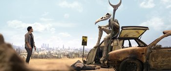 Movie still from “Moon Knight” (2022), directed by Mohamed Diab – A man laying on the ground next to a car; Wide shot, Low angle