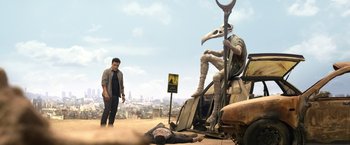 Movie still from “Moon Knight” (2022), directed by Mohamed Diab – A man standing in front of a car next to a man with an umbrella; Wide shot, Low angle