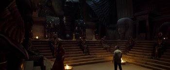 Movie still from “Moon Knight” (2022), directed by Mohamed Diab – People sitting on the steps of an egyptian theater; Extreme Wide shot, High angle