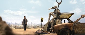 Movie still from “Moon Knight” (2022), directed by Mohamed Diab – A man standing next to a dead body on the ground; Wide shot, Low angle