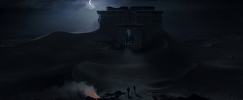 Movie still from “Moon Knight” (2022), directed by Mohamed Diab – Two people are standing in the desert at night; Extreme Wide shot, High angle