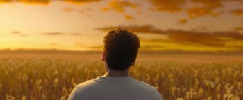 Movie still from “Moon Knight” (2022), directed by Mohamed Diab – A man standing in front of a field of flowers at sunset; Close Up shot, High angle