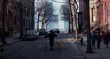 Movie still from “Moonstruck” (1987), directed by Norman Jewison – A man walking his dogs down the street; Wide shot, High angle