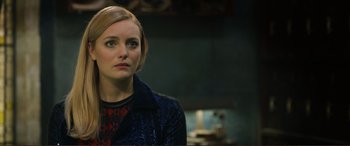 Movie still from “Mortal Engines” (2018), directed by Christian Rivers – A person wearing a jacket; Close Up shot, Over the shoulder angle