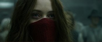 Movie still from “Mortal Engines” (2018), directed by Christian Rivers – A person wearing a mask; Close Up shot, Low angle