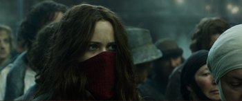 Movie still from “Mortal Engines” (2018), directed by Christian Rivers – A person wearing a mask; Close Up shot, Low angle