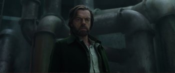 Movie still from “Mortal Engines” (2018), directed by Christian Rivers – A person wearing a jacket; Close Up shot, Low angle