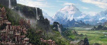 Movie still from “Mortal Engines” (2018), directed by Christian Rivers – An image of a mountain with a waterfall in the background; Extreme Wide shot, High angle