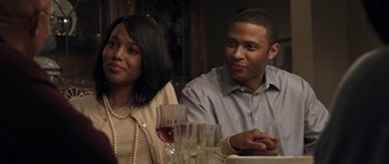 Movie still from “Mother and Child” (2009), directed by Rodrigo García – A man and a woman sitting at a dinner table; Close Up shot, Over the shoulder angle