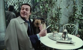 Movie still from “Mr. Klein” (1976), directed by Joseph Losey – A man sitting at an outdoor table with a dog; Medium shot, Over the shoulder angle