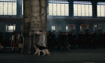 Movie still from “Mr. Klein” (1976), directed by Joseph Losey – A man and a dog walking in front of a crowd; Extreme Wide shot, High angle