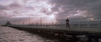 Movie still from “Mr. Nice Guy” (1997), directed by Sammo Kam-Bo Hung – A person is walking on a pier near the water; Extreme Wide shot, Low angle