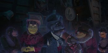 Movie still from “Muppets Haunted Mansion” (2021), directed by Kirk R. Thatcher – A group of people dressed up like the muppets; Medium shot, High angle