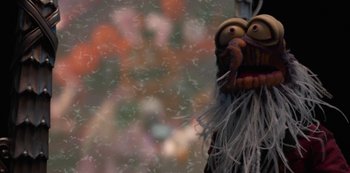 Movie still from “Muppets Haunted Mansion” (2021), directed by Kirk R. Thatcher – The head of a muppet character; Extreme Close Up shot, Low angle