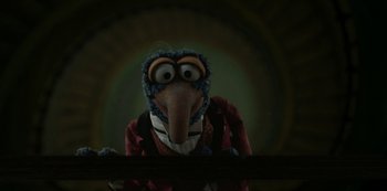 Movie still from “Muppets Haunted Mansion” (2021), directed by Kirk R. Thatcher – The head of a muppet character; Close Up shot, Low angle