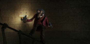 Movie still from “Muppets Haunted Mansion” (2021), directed by Kirk R. Thatcher – A doll dressed as a man with a gun in his hand; Wide shot, Low angle