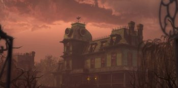 Movie still from “Muppets Haunted Mansion” (2021), directed by Kirk R. Thatcher – An image of an old house in the middle of the night; Extreme Wide shot, Low angle