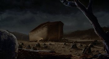 Movie still from “Muppets from Space” (1999), directed by Tim Hill – A painting of an ark in the middle of the night; Extreme Wide shot, High angle
