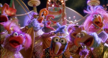 Movie still from “Muppets from Space” (1999), directed by Tim Hill – A group of stuffed animals; Extreme Wide shot, High angle