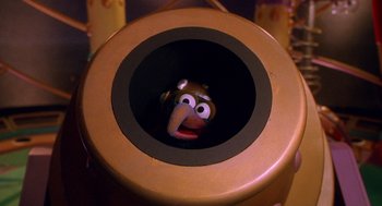 Movie still from “Muppets from Space” (1999), directed by Tim Hill – The face of a muppet doll; Close Up shot, High angle