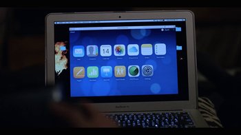 Movie still from “13 Reasons Why” (2017), created by Brian Yorkey – An open laptop computer sitting on top of a desk; Extreme Close Up shot, Over the shoulder angle