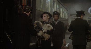 Movie still from “Murder on the Orient Express” (1974), directed by Sidney Lumet – A woman in a hat holding a fluffy dog; Medium shot, Over the shoulder angle