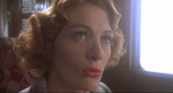 Movie still from “Murder on the Orient Express” (1974), directed by Sidney Lumet – A person with red lipstick on her lips; Close Up shot, Low angle