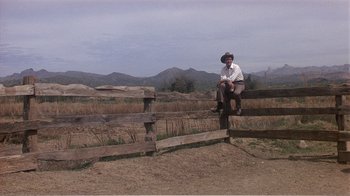Movie still from “Murphy's Romance” (1985), directed by Martin Ritt – A man sitting on top of a wooden fence; Wide shot, Low angle